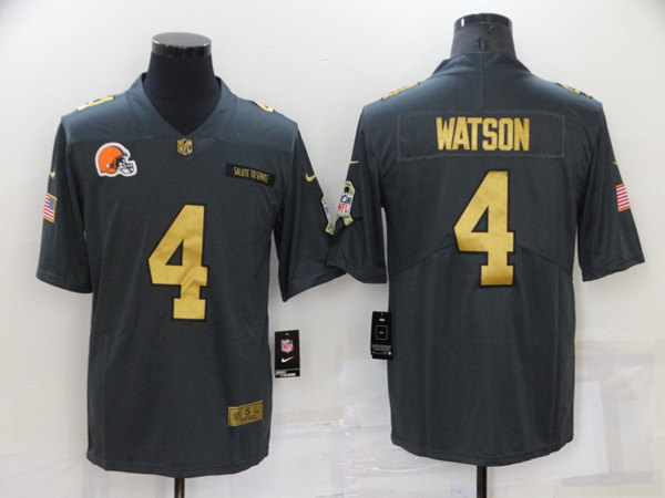 Men's Cleveland Browns #4 Deshaun Watson Grey/Gold Salute To Service Limited Stitched Jersey - Click Image to Close